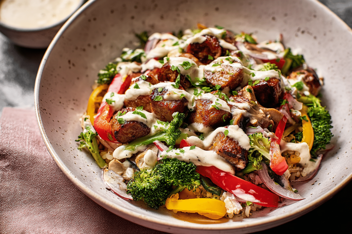 Sausage and Veggie Bowls with Easy Mustard Sauce
