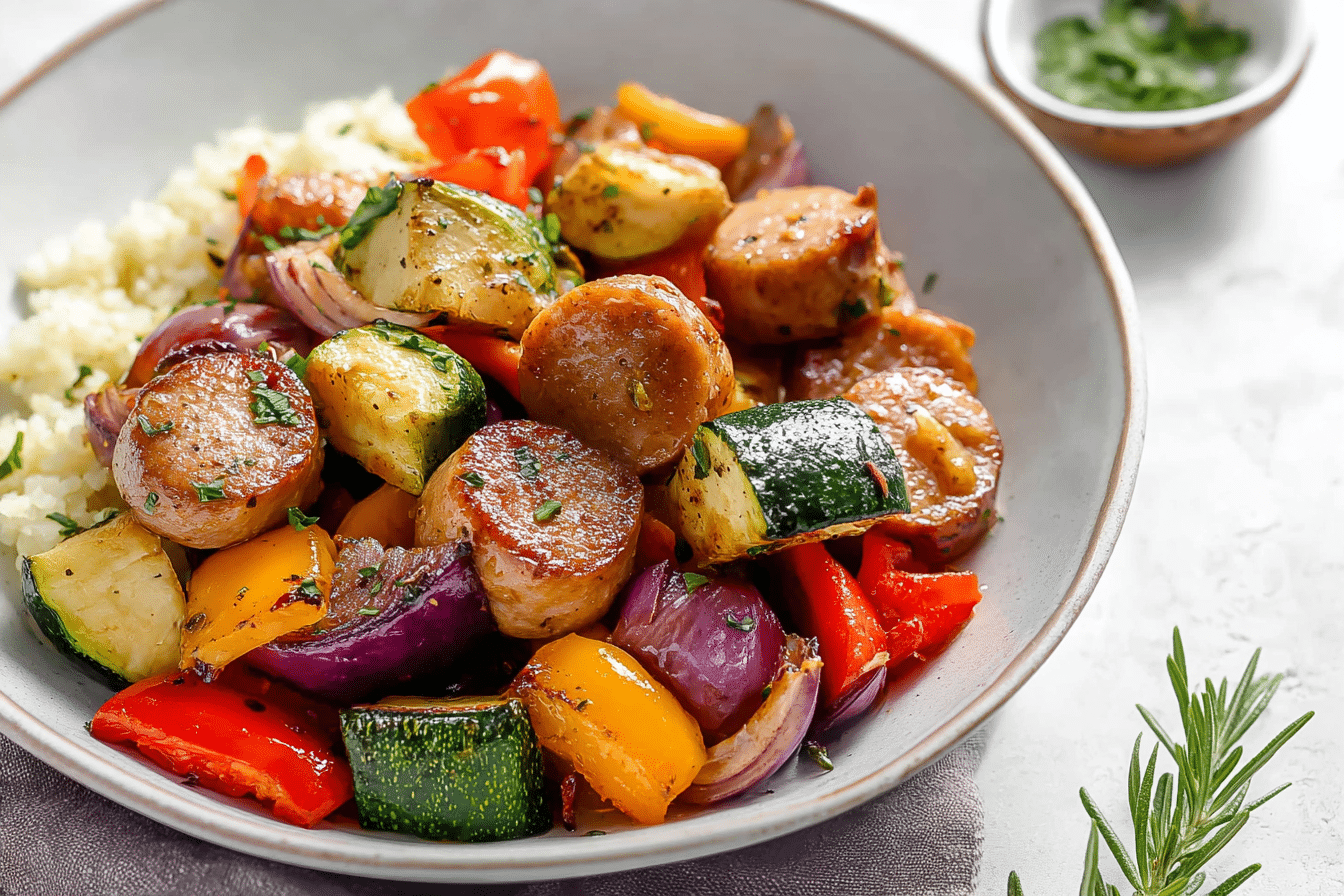 10 Minute Air Fryer Chicken Sausage and Veggies