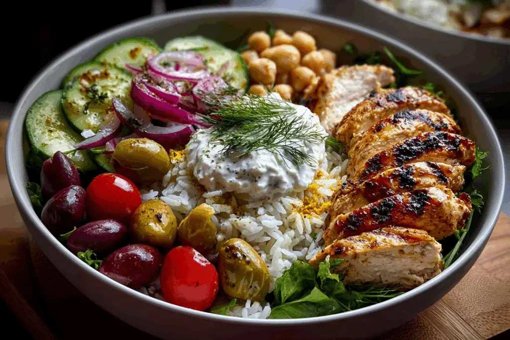 Ultimate Greek Chicken Power Bowl with Tzatziki & Rice