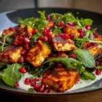 Sweet Potato & Halloumi Salad with Pomegranate, Arugula, and Mint Yogurt Dressing