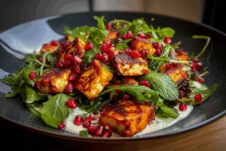 Sweet Potato & Halloumi Salad with Pomegranate, Arugula, and Mint Yogurt Dressing