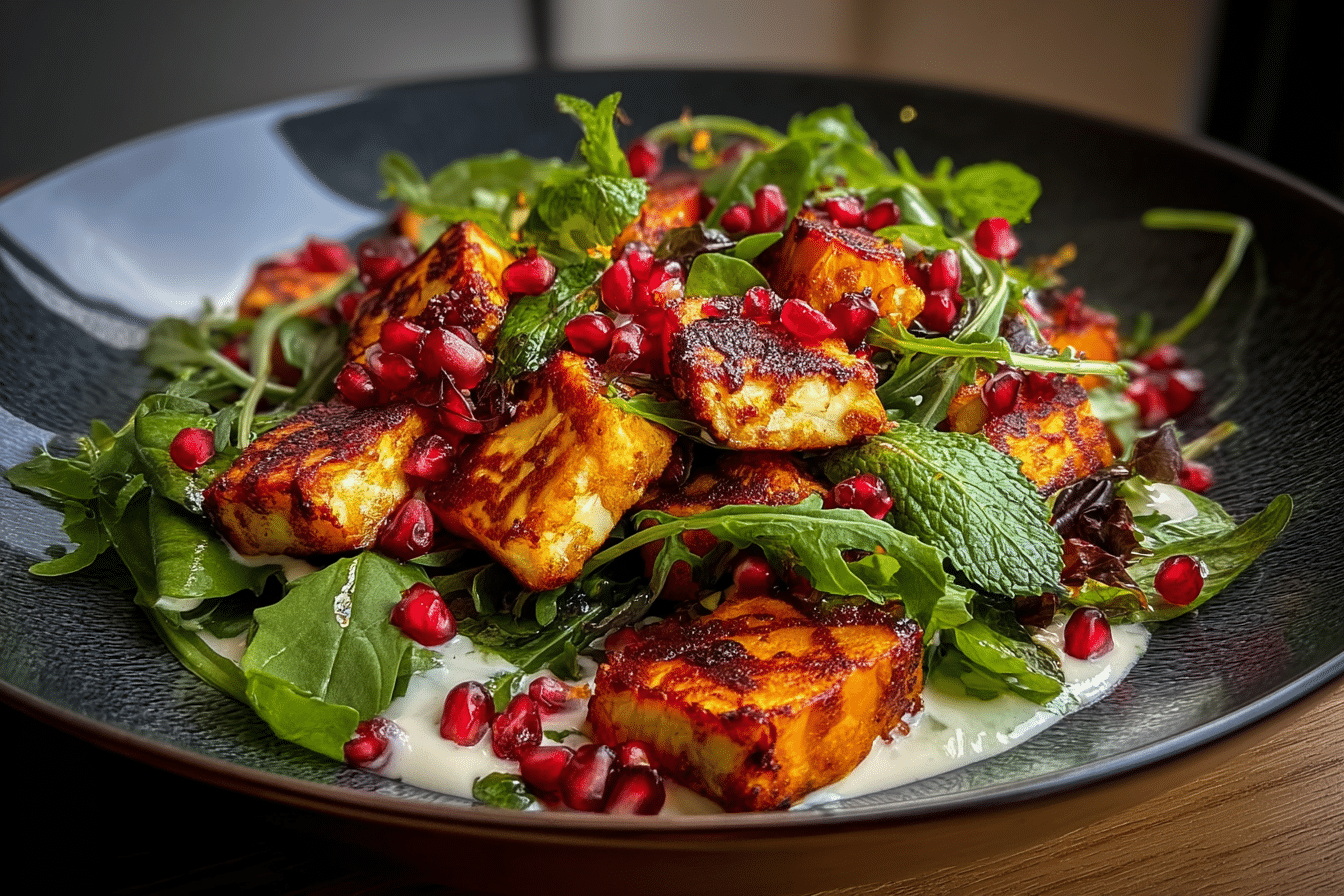 Sweet Potato & Halloumi Salad with Pomegranate, Arugula, and Mint Yogurt Dressing
