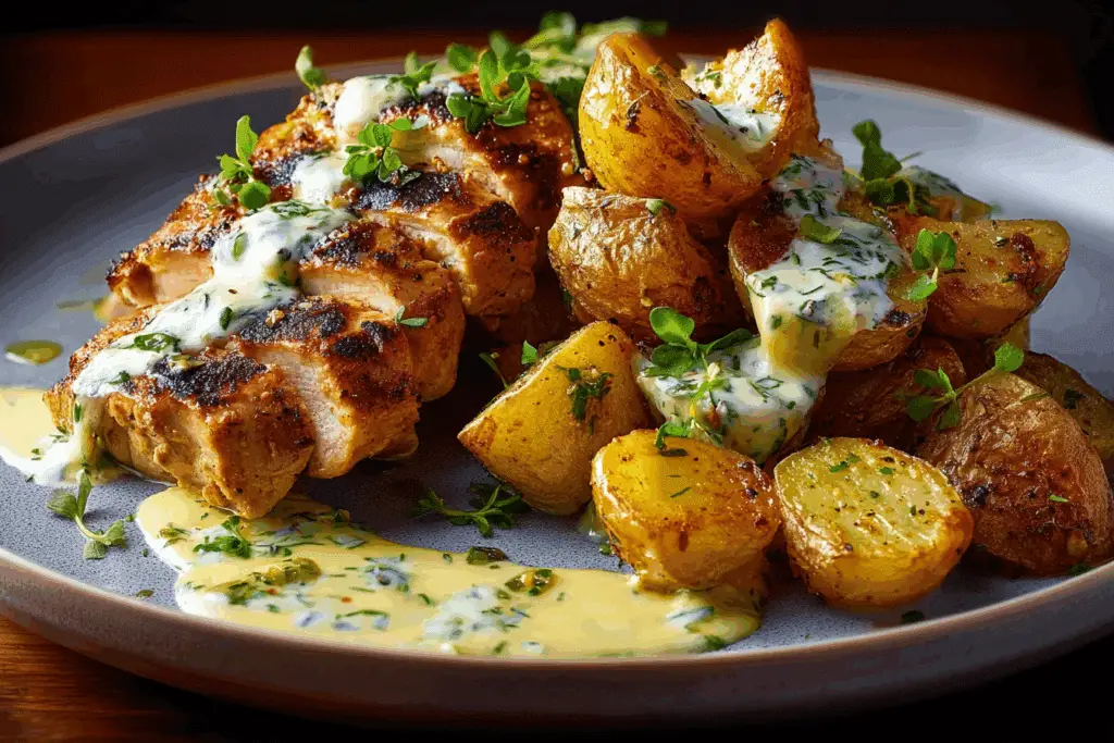 Next-Level Grilled Chicken with Crispy Potatoes & Creamy Herb Sauce