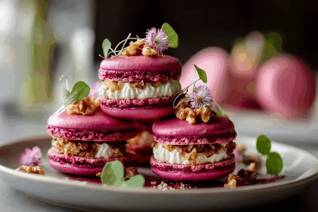 Savory Beet Macarons with Whipped Goat Cheese & Walnut Crunch