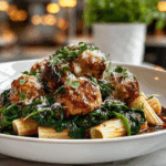 Zesty Turkey & Ricotta Meatballs with Garlic Spinach Rigatoni