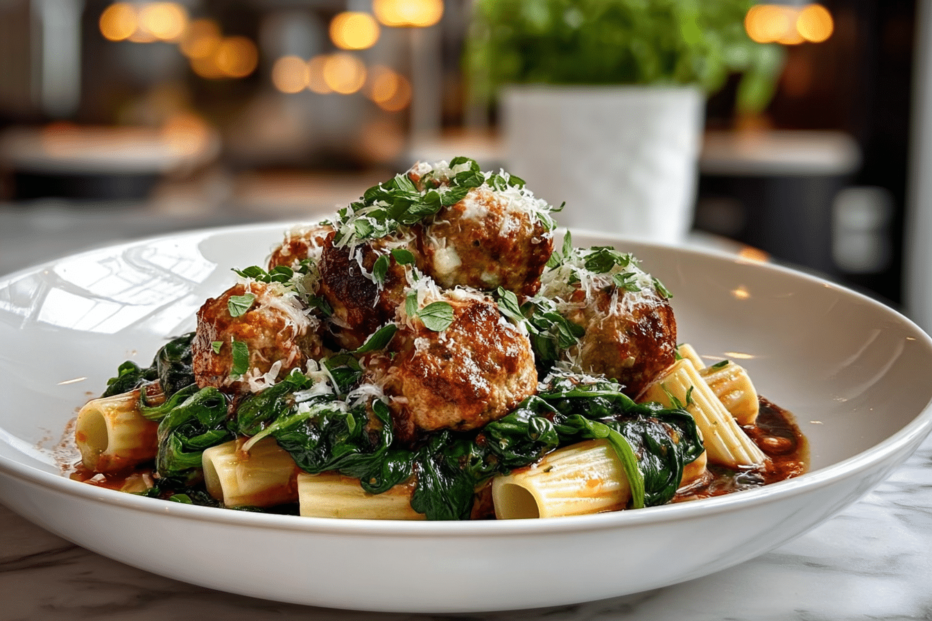 Zesty Turkey & Ricotta Meatballs with Garlic Spinach Rigatoni