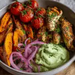 Spiced Chicken Bowl with Roasted Sweet Potatoes & Creamy Avocado Yogurt Dip