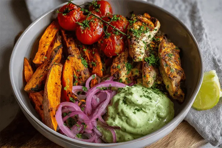 Spiced Chicken Bowl with Roasted Sweet Potatoes & Creamy Avocado Yogurt Dip