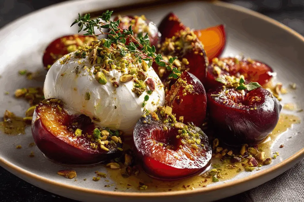Burrata with Roasted Plums, Pistachios & Thyme