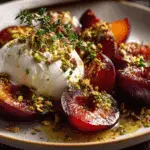 Burrata with Roasted Plums, Pistachios & Thyme
