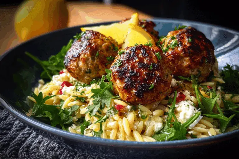 Baked Ricotta Lemon Meatballs over Orzo Salad
