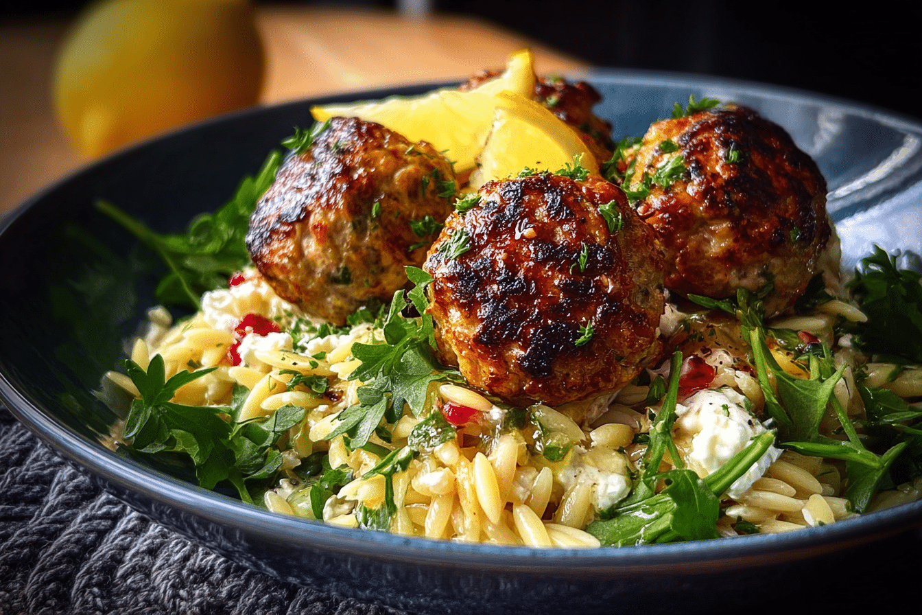 Baked Ricotta Lemon Meatballs over Orzo Salad