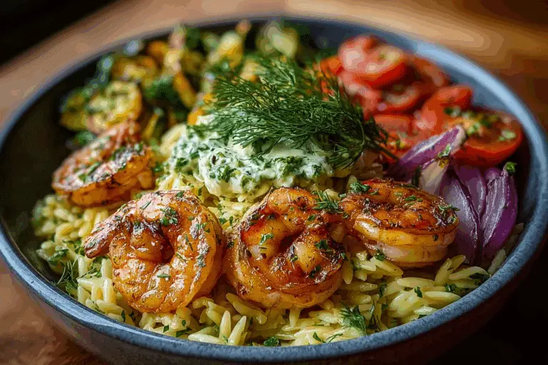 Lemon Dill Grilled Shrimp with Orzo & Roasted Veggies