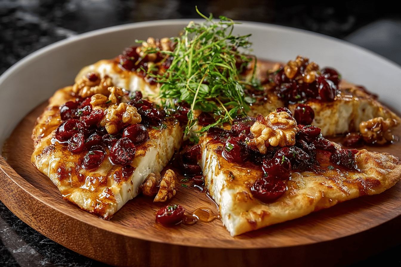Crispy Flatbread with Brie, Cranberries & Toasted Walnuts with a Hot Honey Drizzle