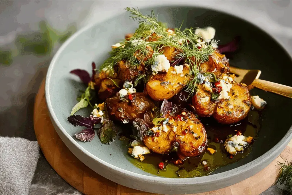 Crispy Smashed Potatoes with Spiced Chili Oil & Feta Cloud