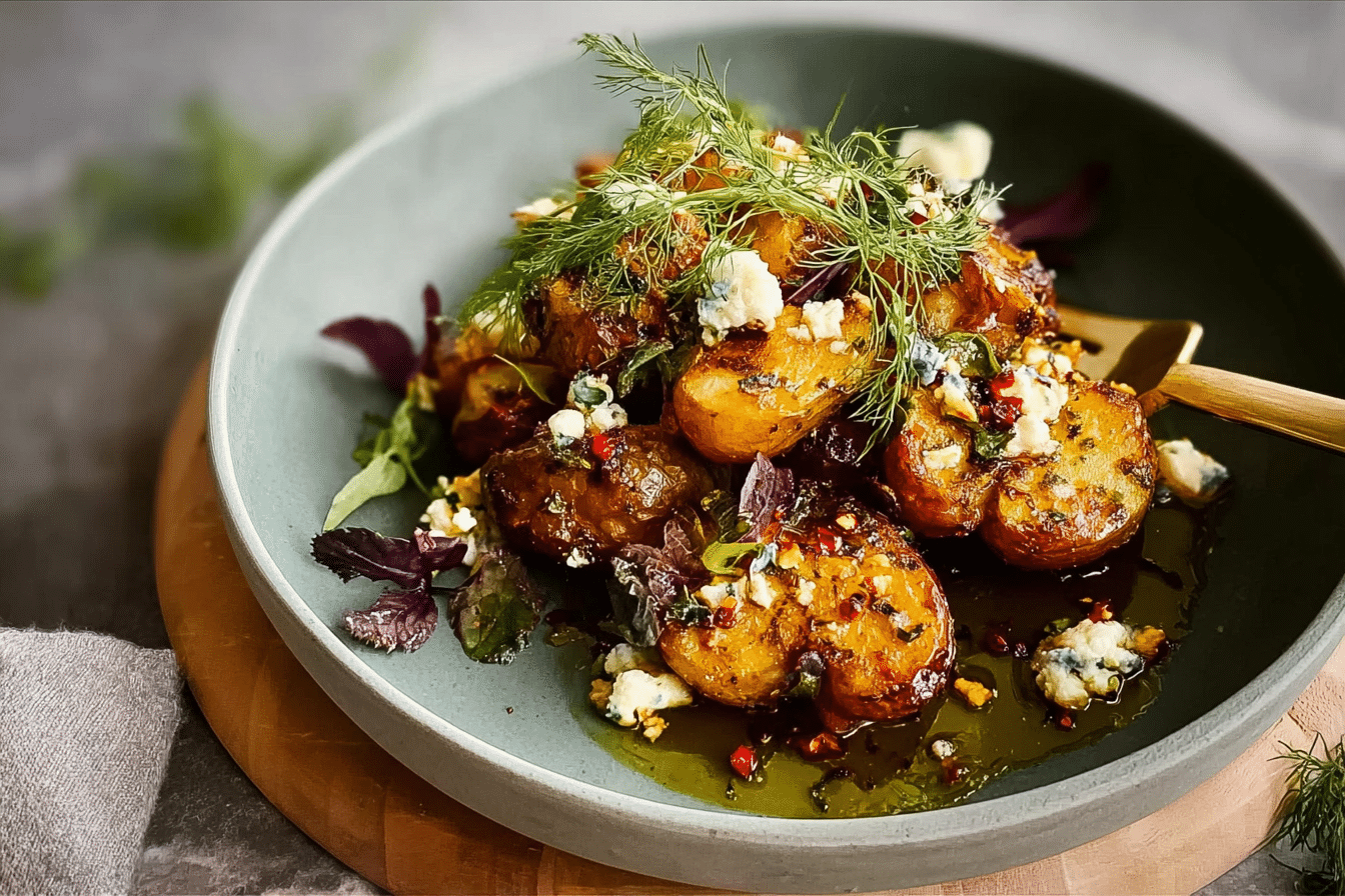 Crispy Smashed Potatoes with Spiced Chili Oil & Feta Cloud