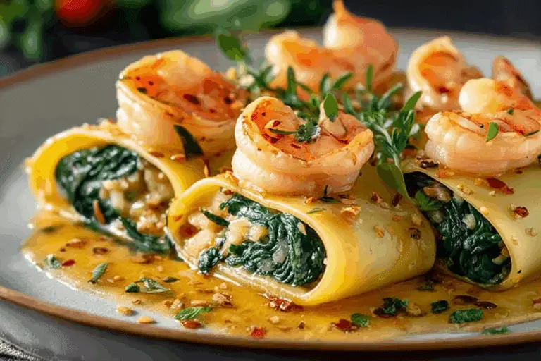 Shrimp and Spinach Stuffed Pasta Rolls