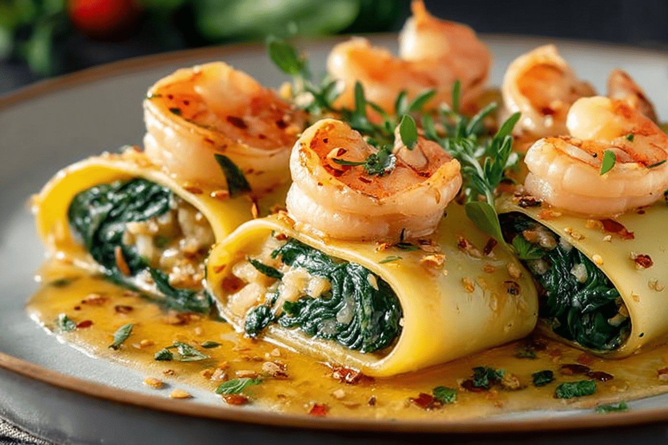 Shrimp and Spinach Stuffed Pasta Rolls