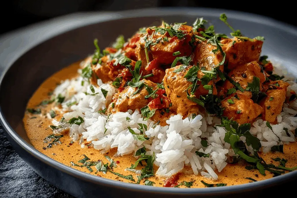 Rich Coconut Butter Chicken with Soft Jasmine Rice & Fresh Herbs