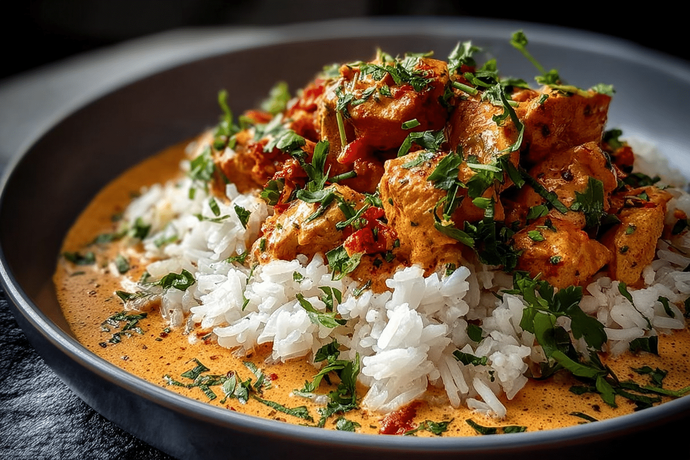 Rich Coconut Butter Chicken with Soft Jasmine Rice & Fresh Herbs
