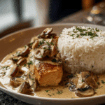Garlic Cream Chicken with Mushrooms and Fluffy Rice