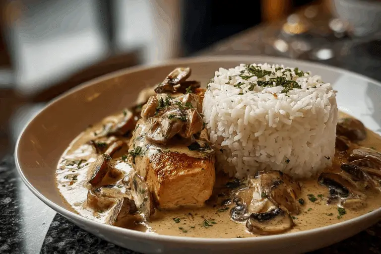 Garlic Cream Chicken with Mushrooms and Fluffy Rice