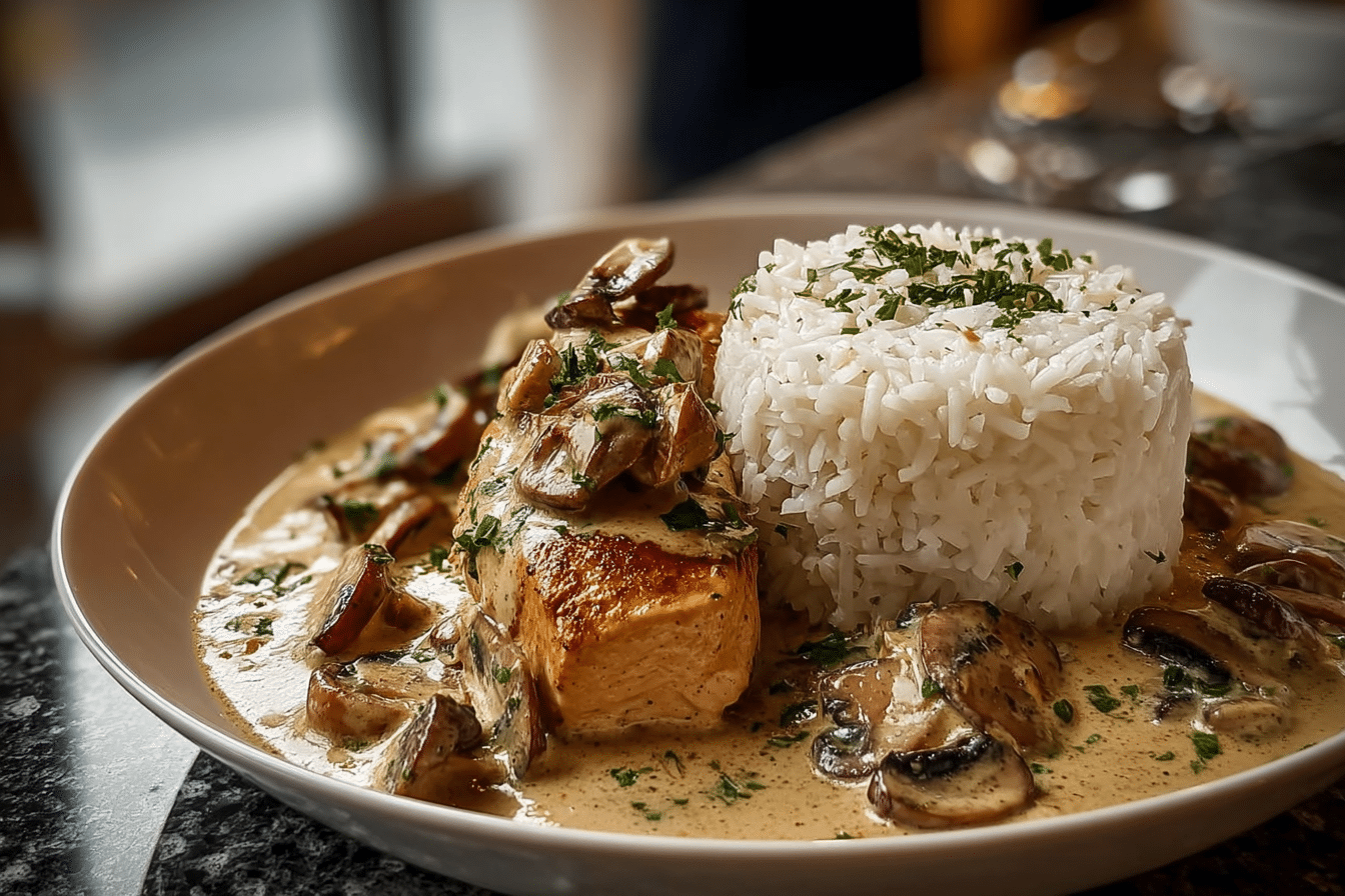 Garlic Cream Chicken with Mushrooms and Fluffy Rice