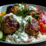 Mediterranean-Style Meatball Rice Bowl with Tzatziki Magic