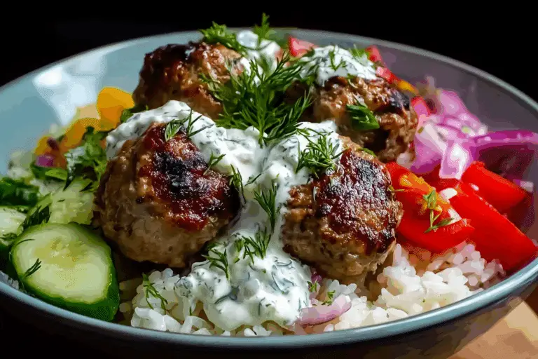 Mediterranean-Style Meatball Rice Bowl with Tzatziki Magic