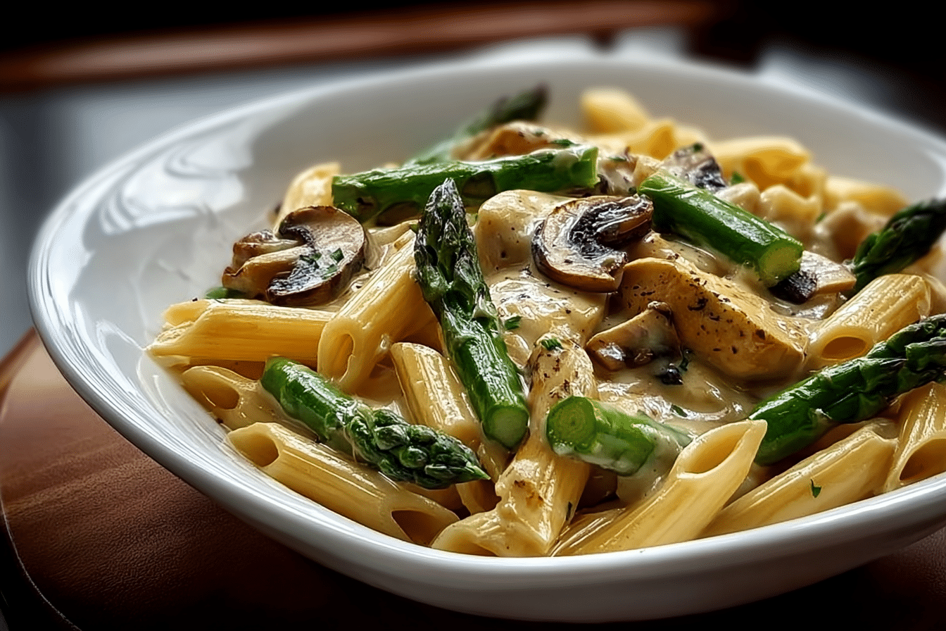 Creamy Chicken Penne with Mushrooms and Asparagus