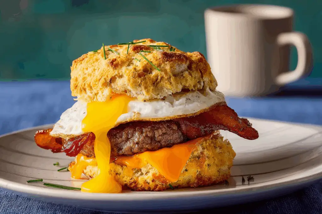 Super Meat Lovers Cheddar Biscuit Breakfast Sandwich