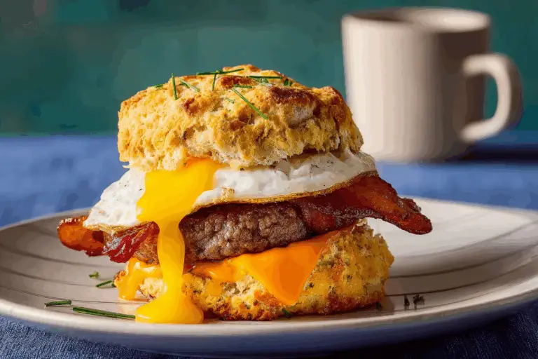 Super Meat Lovers Cheddar Biscuit Breakfast Sandwich