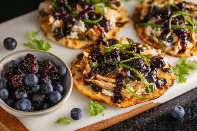 Chicken Flatbreads with Caramelized Onions and Blueberry-Balsamic Sauce