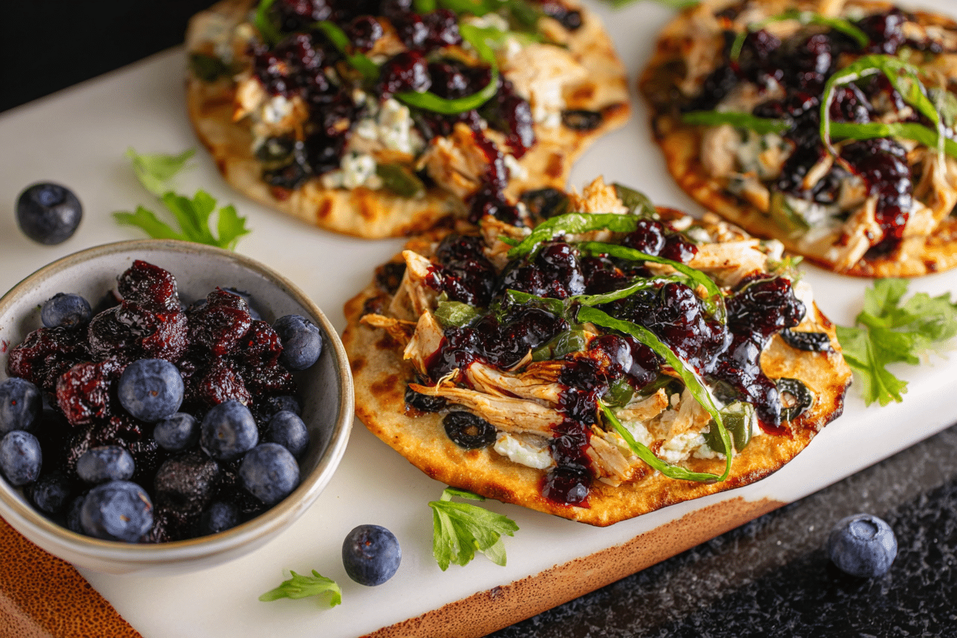 Chicken Flatbreads with Caramelized Onions and Blueberry-Balsamic Sauce