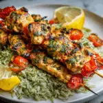 Garlicky Lemon Herb Chicken Skewers over Basil Rice