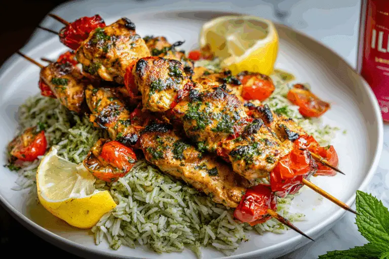 Garlicky Lemon Herb Chicken Skewers over Basil Rice