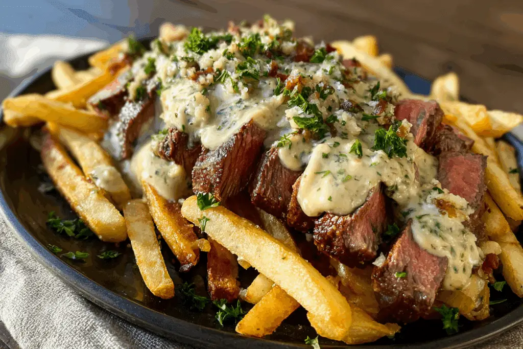 Loaded Parmesan Fries with Garlic Butter Steak and Creamy Onion Sauce