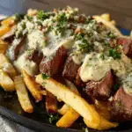 Loaded Parmesan Fries with Garlic Butter Steak and Creamy Onion Sauce
