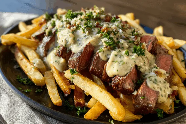Loaded Parmesan Fries with Garlic Butter Steak and Creamy Onion Sauce