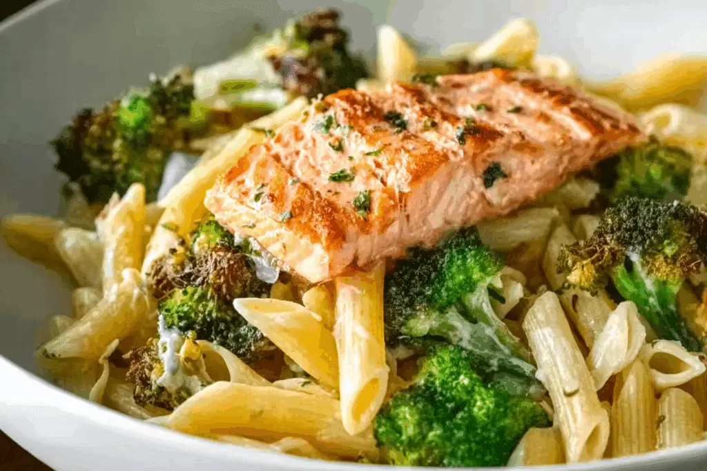 Spicy Salmon with Roasted Broccoli Penne