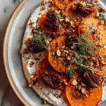 Roasted Sliced Butternut Squash with Dates and Hazelnuts layered over Honey Labneh