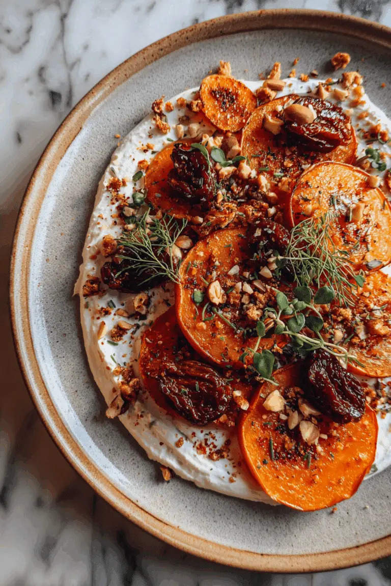 Roasted Sliced Butternut Squash with Dates and Hazelnuts layered over Honey Labneh