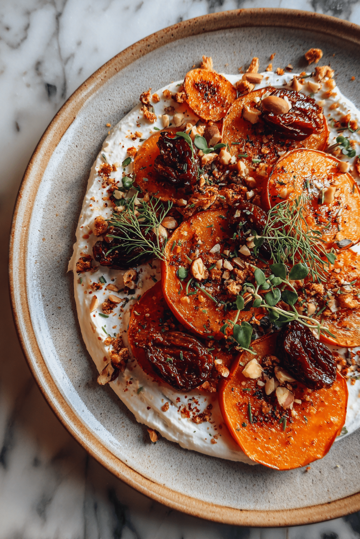 Roasted Sliced Butternut Squash with Dates and Hazelnuts layered over Honey Labneh