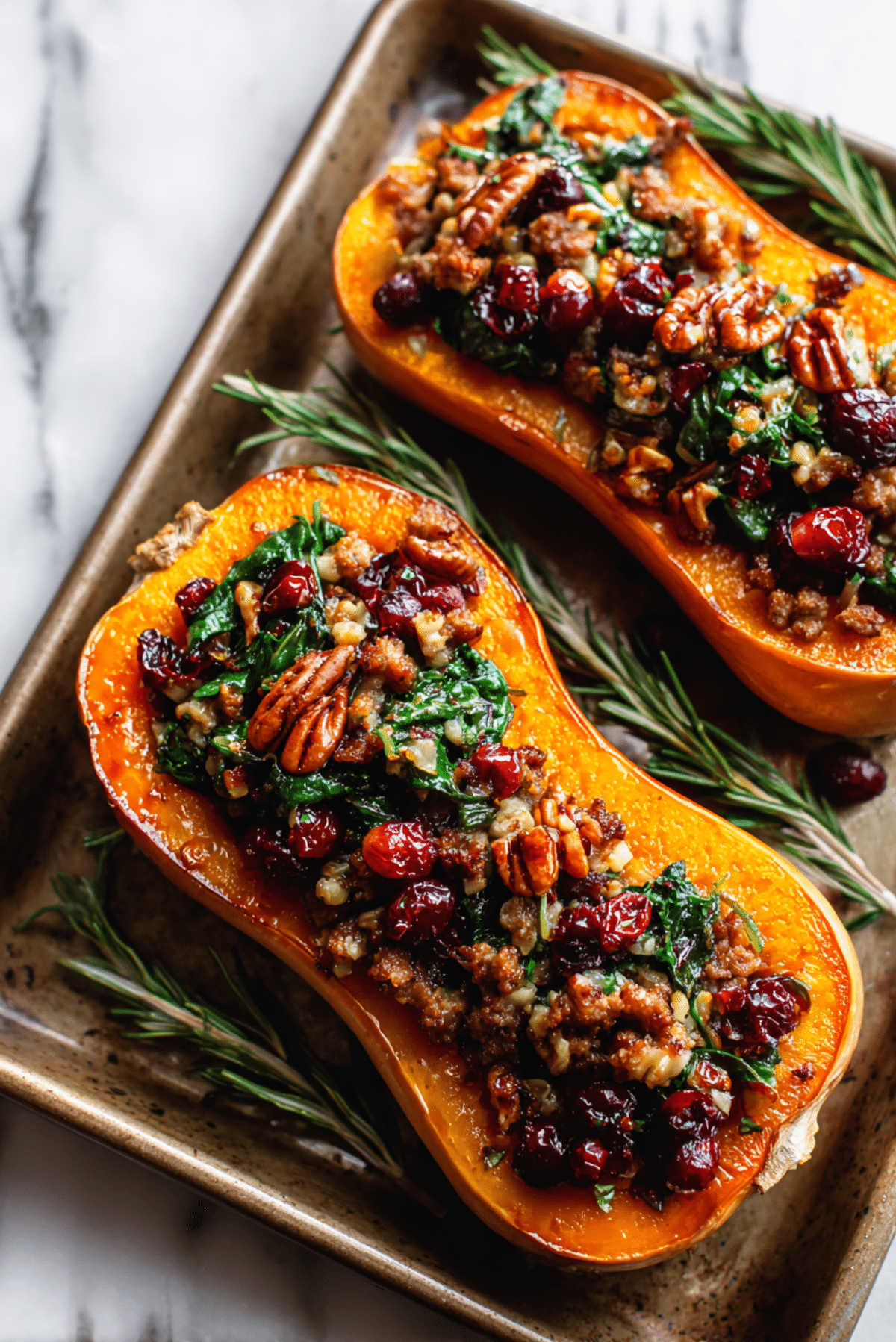 ISausage Stuffed Butternut Squash with Spinach, Pecans, and Cranberries