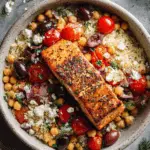 Mediterranean Salmon and Rice with Chickpeas, Grape Tomatoes, Olives, and Feta