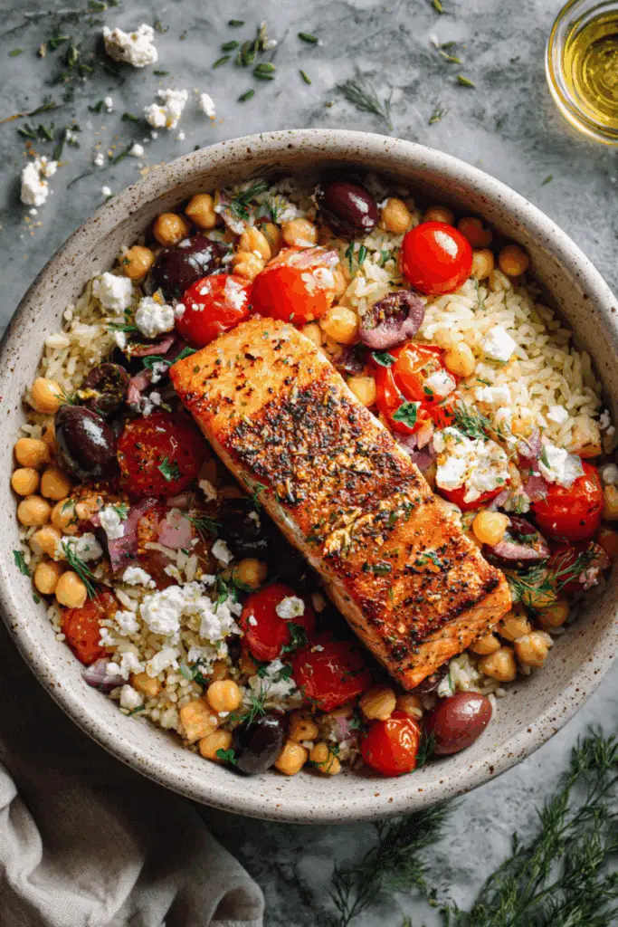 Mediterranean Salmon and Rice with Chickpeas, Grape Tomatoes, Olives, and Feta