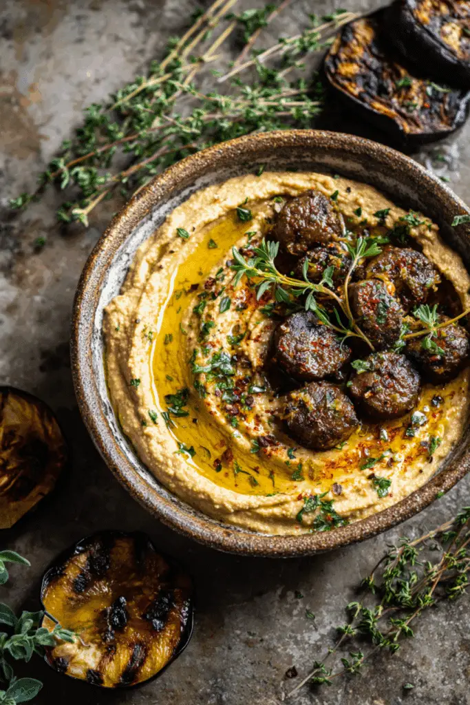 Smoky Aubergine Dip w/ Steak Bites