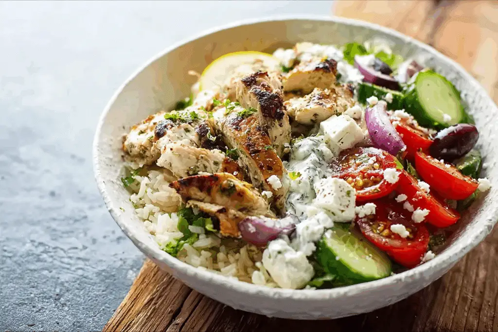Mediterranean Chicken Rice Bowl with Tzatziki and Feta