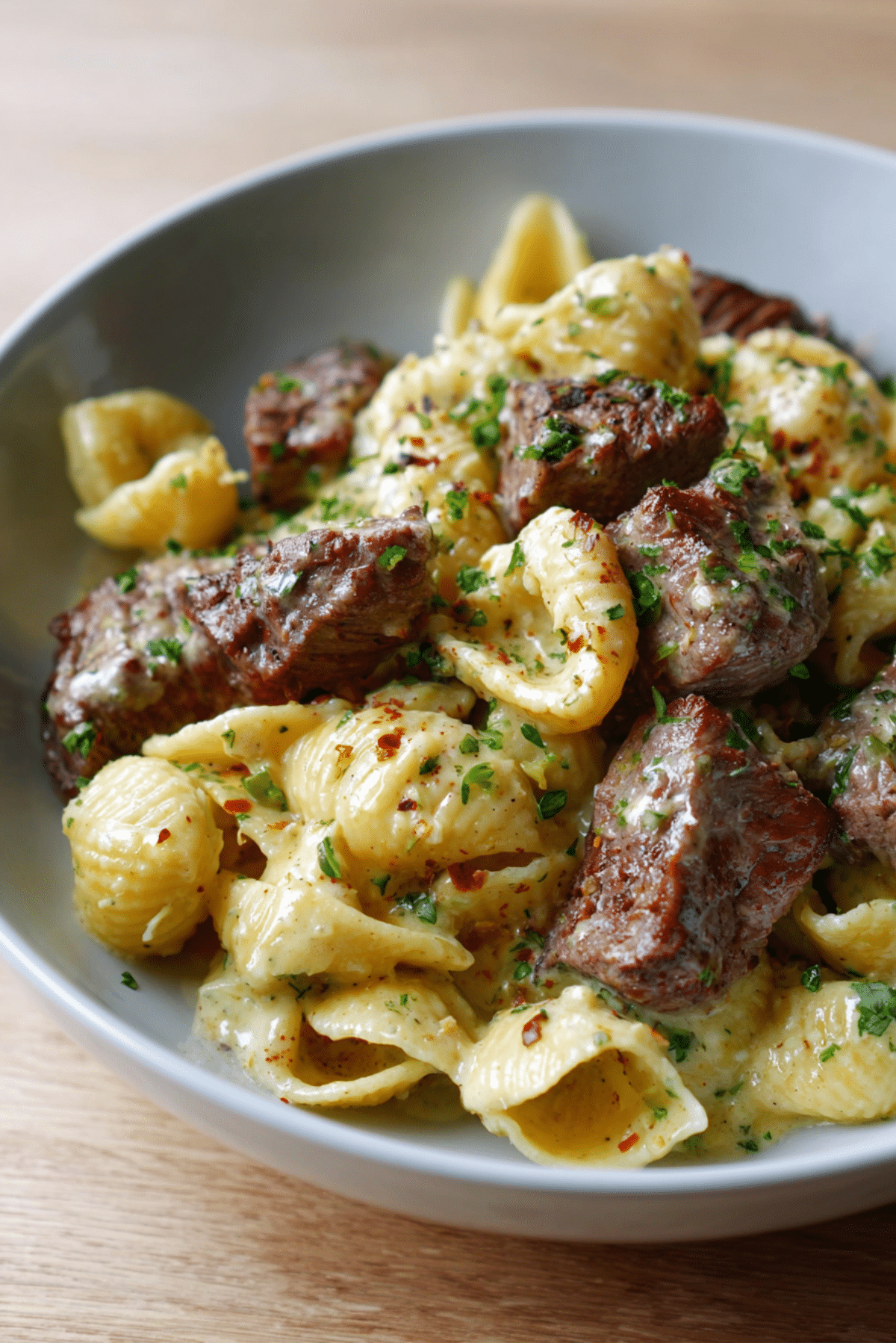 Garlic Butter Steak Bites & Creamy Parmesan Shells