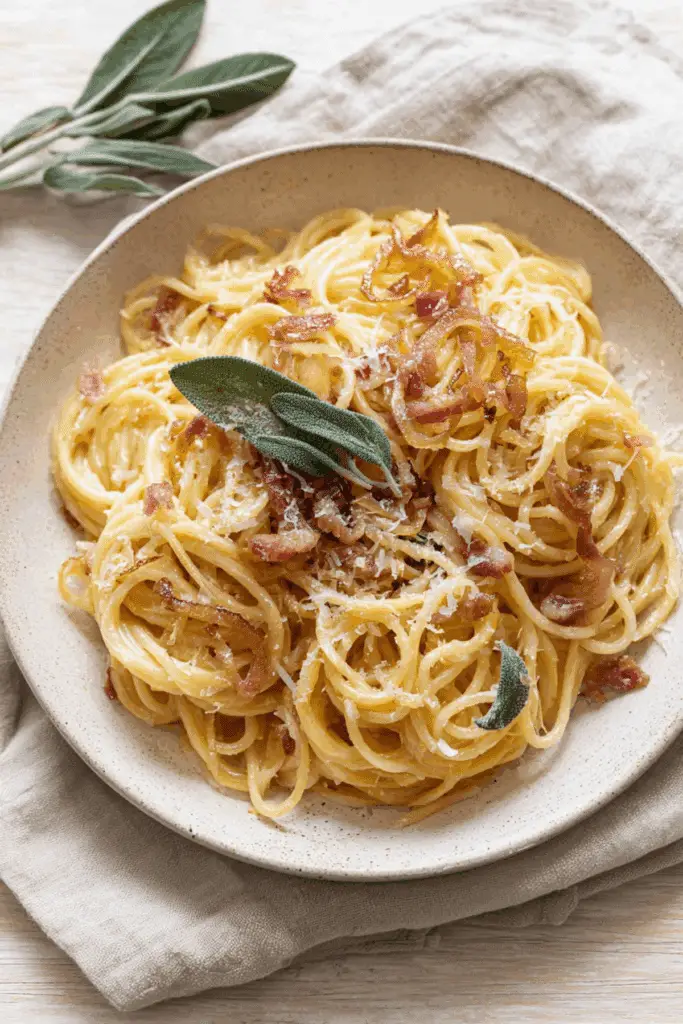 Caramelized Onion Spaghetti-Carbonara Style